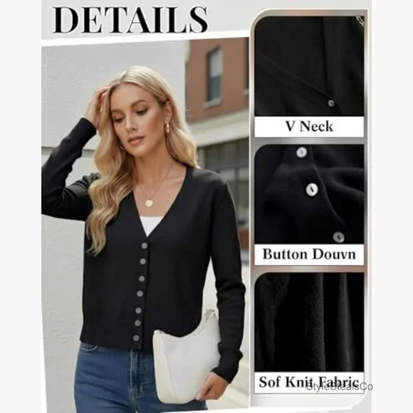 Lightweight Cropped Cardigan Set, V-Neck Button Down Long Sleeve Knit Sweaters - Picture 5 of 7